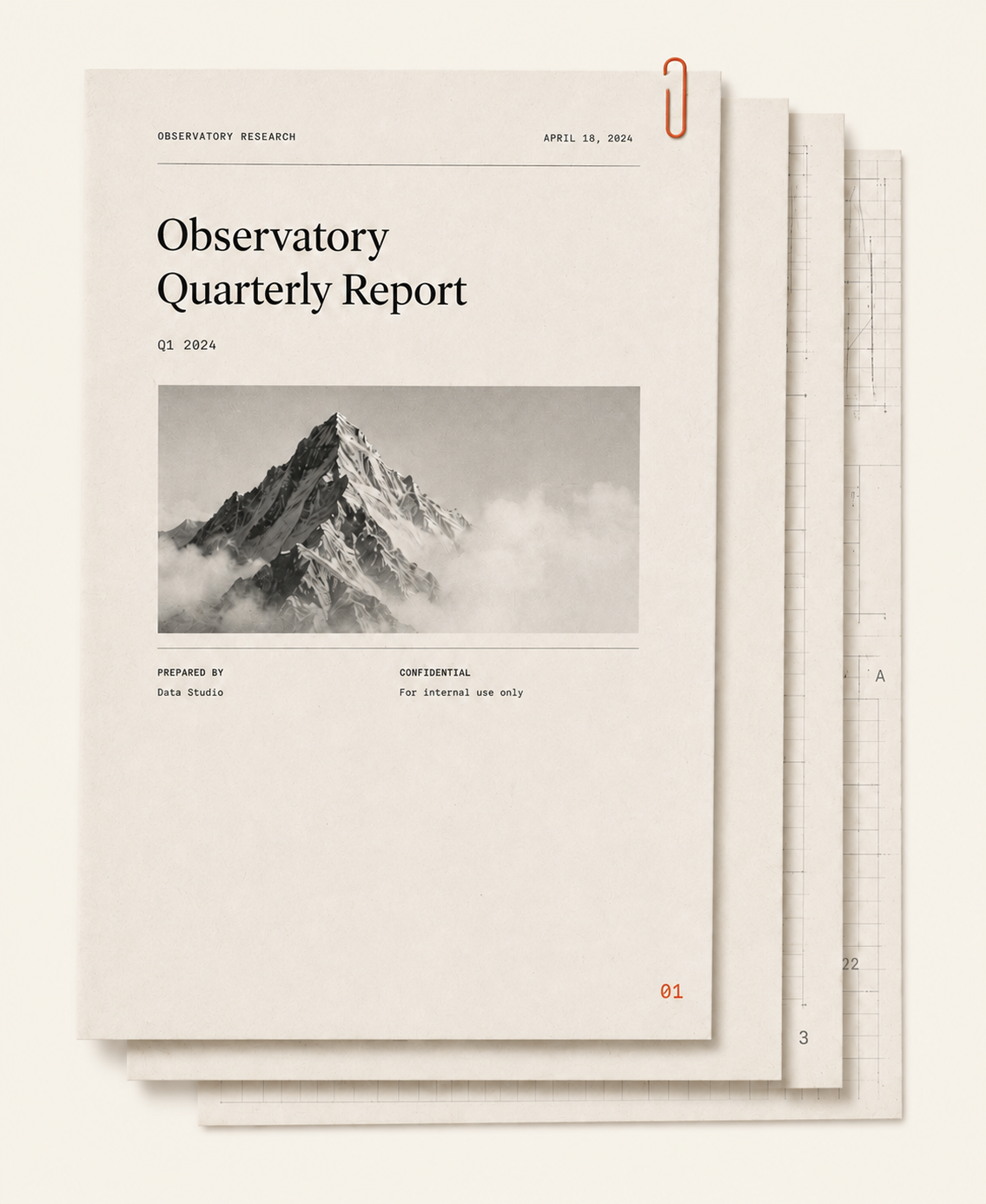 Stack of editorial research pages with a monochrome mountain photograph